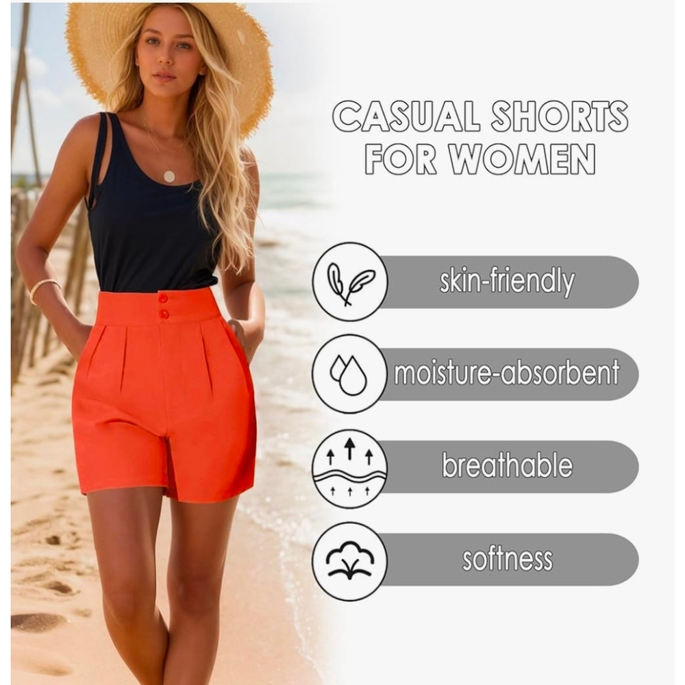 🔥Amazon | XinYangNi Red High Waist Pleated Shorts Women’s L Flowy Dressy Summer - Picture 2 of 8